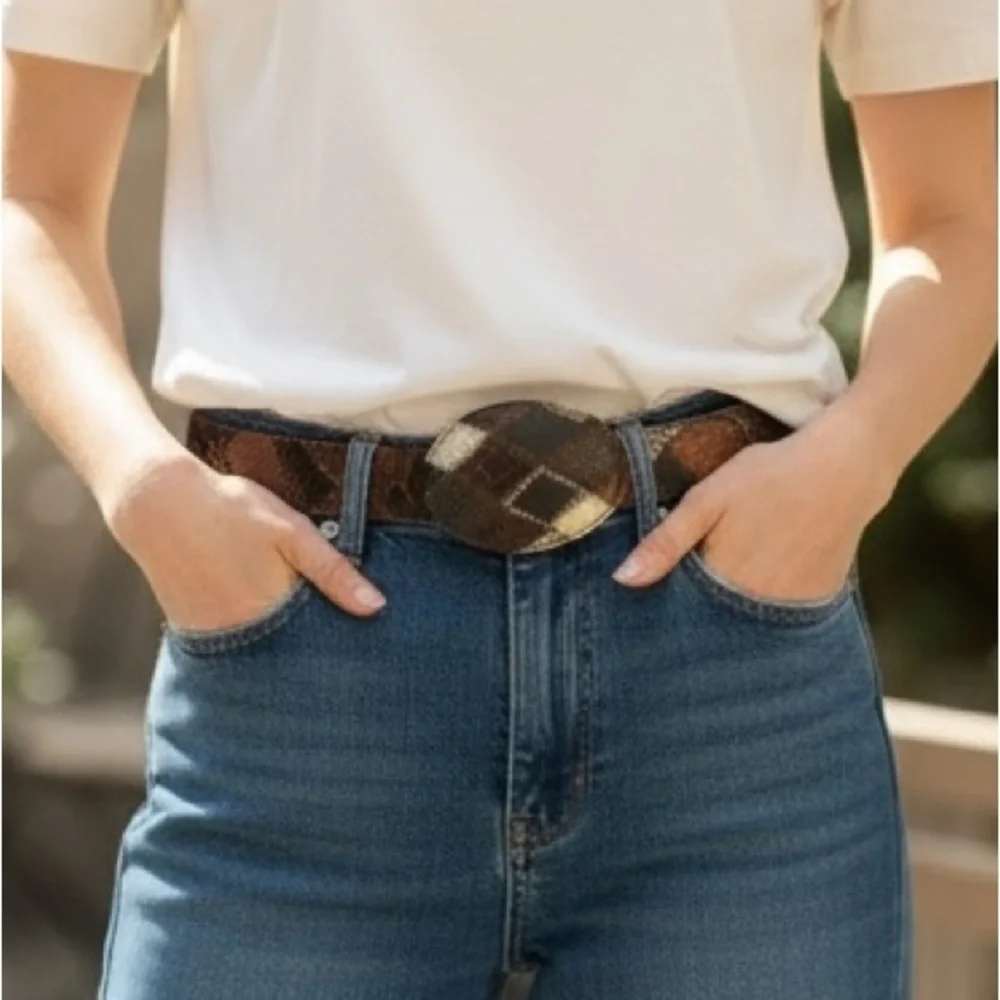 Belt buckle Patchwork leather large oval 3 “wide unisex bohemian western